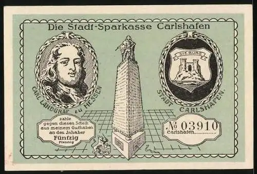 Notgeld Carlshafen, 50 Pfennig, Weser und Hessische Klippen, Bildnis Carl Landgraf zu Hessen, Wappen