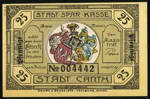 Notgeld Canth, 25 Pfennig, Ortsansicht mit Kirche, Wappen