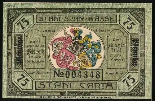 Notgeld Canth, 75 Pfennig, Ehrenmal Marschall Vorwärts, Wappen