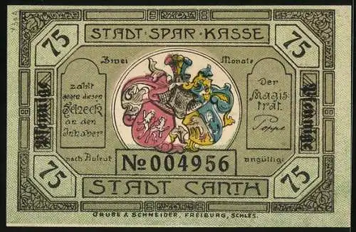 Notgeld Canth, 75 Pfennig, Gasthaus, in dem Marschall Vorwärts öfter einkehrte, Wappen