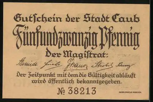 Notgeld Caub, 25 Pfennig, Rheinpartie mit Schloss, Gutschein