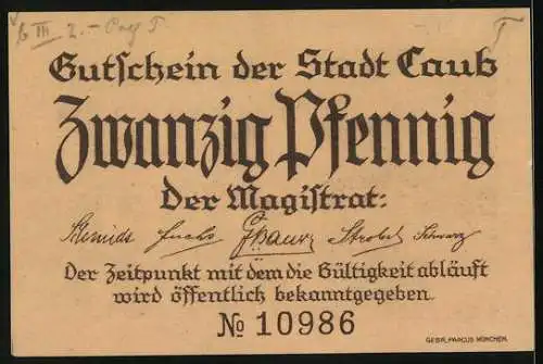 Notgeld Caub, 20 Pfennig, Rheinpartie mit Schloss, Gutschein