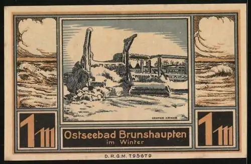 Notgeld Brunshaupten /Ostsee, 1 Mark, Ostseebad im Winter, Bäuerin beim Melken