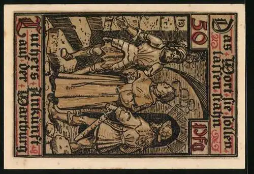 Notgeld Eisenach 1921, 50 Pfennig, Luthers Ankunft auf der Wartburg, Wappen und Wartburg