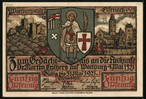 Notgeld Eisenach 1921, 50 Pfennig, Vorhof und Torfahrt auf der Wartburg, Wappen