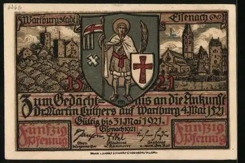 Notgeld Eisenach 1921, 50 Pfennig, Alte Stadtansicht von Eisenach, Wappen