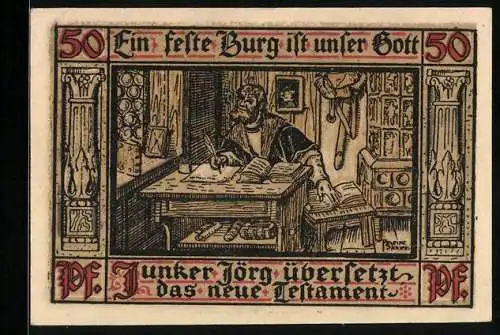 Notgeld Eisenach 1921, 50 Pfennig, Luther übersetzt das neue Testament, Wappen und Wartburg