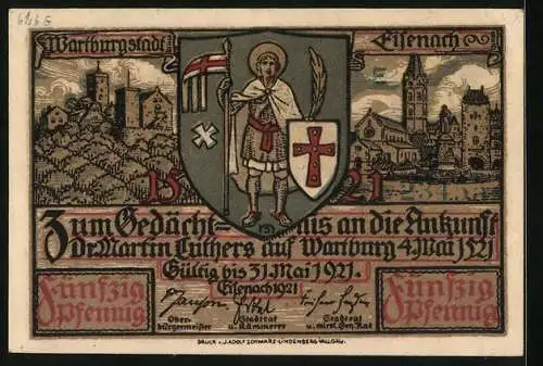 Notgeld Eisenach 1921, 50 Pfennig, Luther übersetzt das neue Testament, Wappen und Wartburg