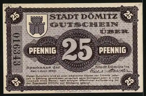 Notgeld Dömitz i. M. 1920, 25 Pfennig, Bastion, Gutschein