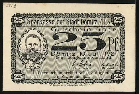 Notgeld Dömitz a. Elbe 1921, 25 Pfennig, Fritz Reuter-Gefängnis, Gutschein
