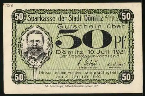 Notgeld Dömitz a. Elbe 1921, 50 Pfennig, Eingang zur Festung, Gutschein