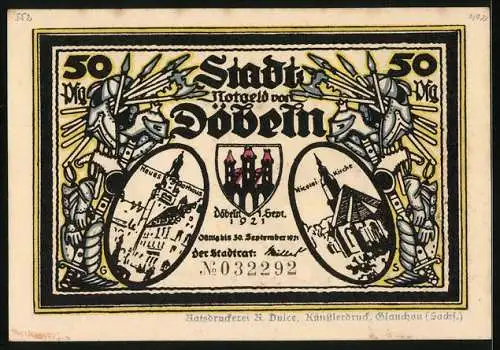 Notgeld Döbeln 1921, 50 Pfennig, Ritter Staupitzens Burgbau, Argwohn und Klugheit