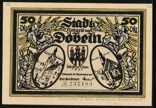 Notgeld Döbeln 1921, 50 Pfennig, Überfall in der Fastnacht-Nacht 1450, Siegerfreude und Bestürzung