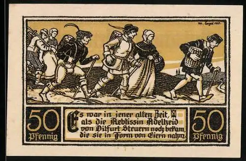 Notgeld Ditfurt 1921, 50 Pfennig, Menschen bringen der Äbtissin Adelheid Steuern in Form von Eiern, Gutschein