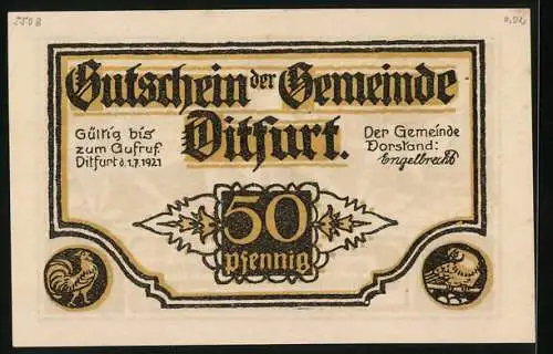 Notgeld Ditfurt 1921, 50 Pfennig, Menschen bringen der Äbtissin Adelheid Steuern in Form von Eiern, Gutschein