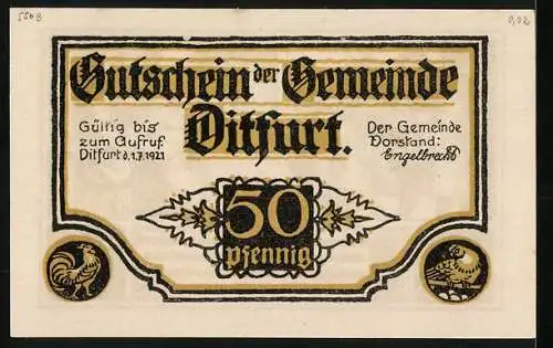 Notgeld Ditfurt 1921, 50 Pfennig, Bauern bringen der Äbtissin die Eier, Gutschein