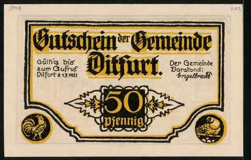 Notgeld Ditfurt 1921, 50 Pfennig, Gemeinderat tritt zusammen, Gutschein