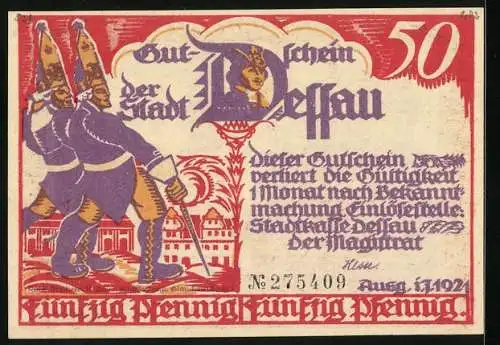 Notgeld Dessau 1921, 50 Pfennig, Adliger wirbt um eine Frau, Soldaten vor der Stadt, Gutschein