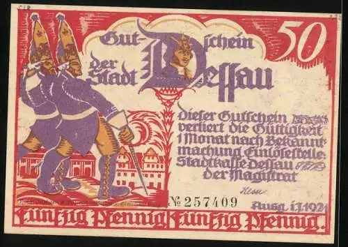 Notgeld Dessau 1921, 50 Pfennig, Soldaten beim Festumzug, Gutschein