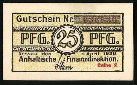 Notgeld Dessau 1920, 25 Pfennig, Signatur Anhaltische Finanzdirektion, Gutschein