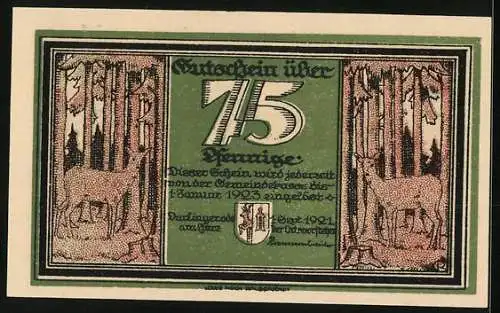 Notgeld Darlingerode a. H. 1921, 75 Pfennig, Ortspartie, Rehe im Wald, Gutschein
