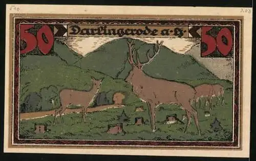 Notgeld Darlingerode a. H. 1921, 50 Pfennig, Wild im Gebirge, Wappen, Gutschein