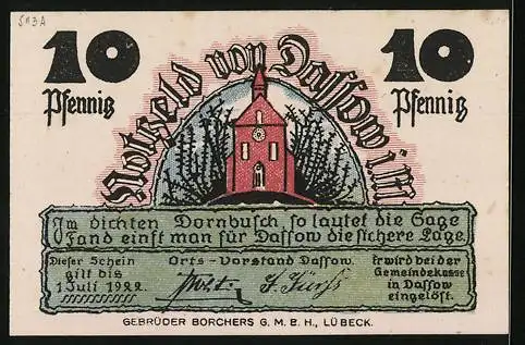 Notgeld Dassow i. M. 1922, 10 Pfennig, Kirche und Sensenmann