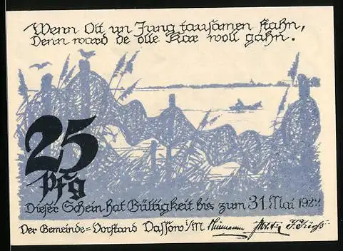 Notgeld Dassow i. M. 1922, 25 Pfennig, Frau verkauft Fische an einem Stand, Seepartie