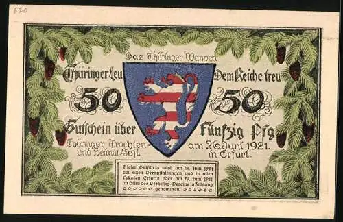 Notgeld Erfurt 1921, 50 Pfennig, Frauen in Tracht, Thüringer Wappen, Gutschein