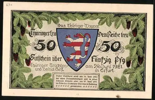 Notgeld Erfurt 1921, 50 Pfennig, Frau in Tracht, Thüringer Wappen, Gutschein