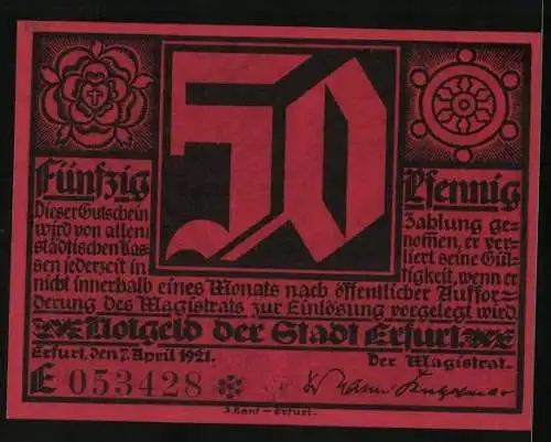 Notgeld Erfurt 1921, 50 Pfennig, Martin Luther mit erhobenen Händen, Gutschein