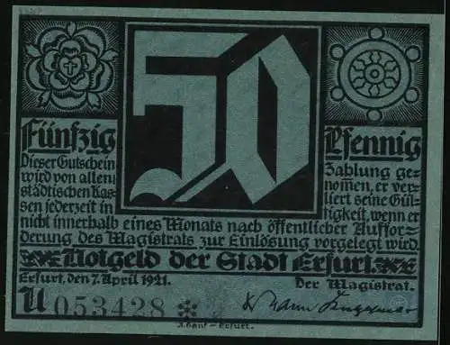 Notgeld Erfurt 1921, 50 Pfennig, Martin Luther mit Gläubigen, Gutschein