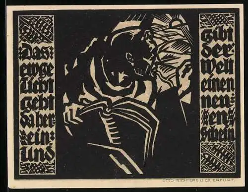 Notgeld Erfurt 1921, 50 Pfennig, Martin Luther erblickt das Licht der aufgehenden Sonne, Gutschein