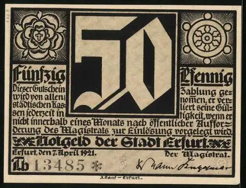 Notgeld Erfurt 1921, 50 Pfennig, Martin Luther erblickt das Licht der aufgehenden Sonne, Gutschein