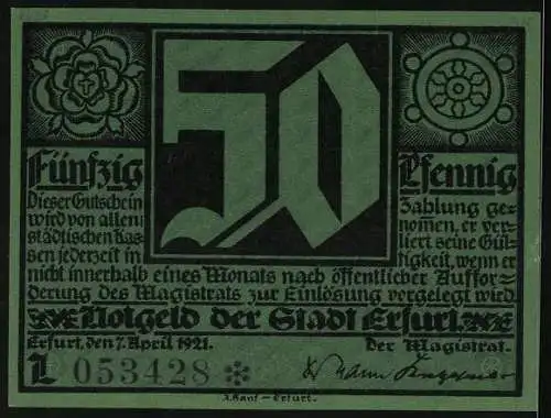 Notgeld Erfurt 1921, 50 Pfennig, Martin Luther mit Gläubigen, Gutschein