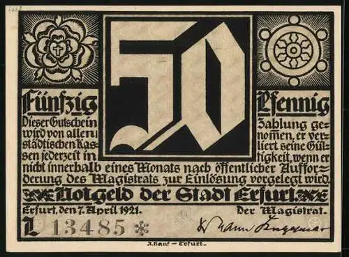 Notgeld Erfurt 1921, 50 Pfennig, Martin Luther mit Gläubigen, Gutschein