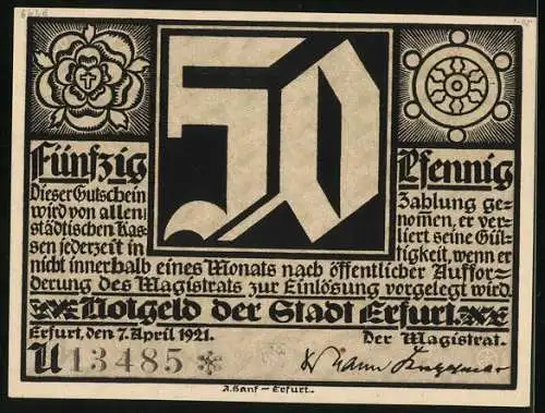 Notgeld Erfurt 1921, 50 Pfennig, Martin Luther im Gespräch, Gutschein