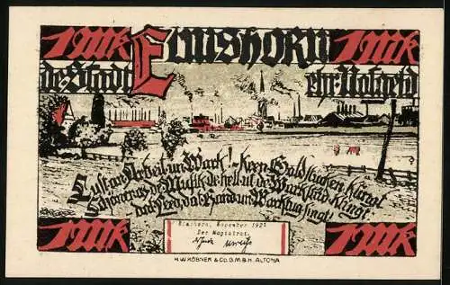 Notgeld Elmshorn 1923, 1 Mark, Panorama der Stadt, Mann verabschiedet zwei junge Männer