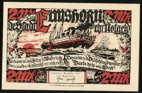 Notgeld Elmshorn 1921, 2 Mark, Passagierschiff auf See, Hafenpartie