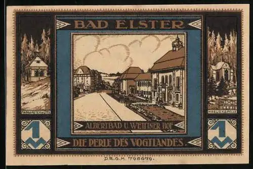 Notgeld Bad Elster, 1 Mark, Albertbad und Wettiner Hof