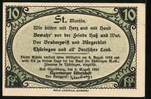 Notgeld Bad Elgersburg 1921, 10 Pfennig, Schutzpatron St. Martinus zu Pferde