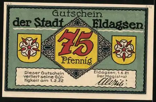 Notgeld Eldagsen 1921, 75 Pfennig, Strassenpartie, Gutschein