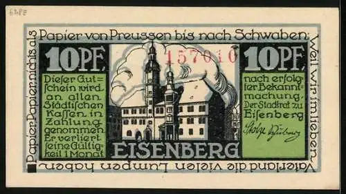 Notgeld Eisenberg, 10 Pfennig, Panorama mit Industrieanlagen, Wappen und Rathaus, Gutschein