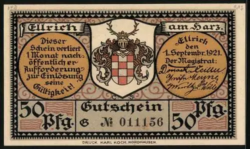 Notgeld Ellrich a. Harz 1921, 50 Pfennig, Ellrich im Jahre 1630, Wappen, Gutschein