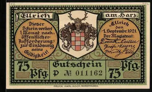 Notgeld Ellrich a. Harz 1921, 75 Pfennig, Frauenbergs Kirche, Stadtmauer m. Tor u. Johanniskirche, Wappen, Gutschein