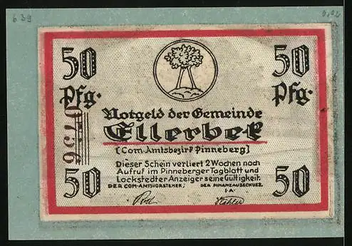 Notgeld Ellerbek, 50 Pfennig, Friedenseiche und Gedenkstein