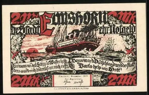 Notgeld Elmshorn 1921, 2 Mark, Passagierschiff auf See, Hafenpartie