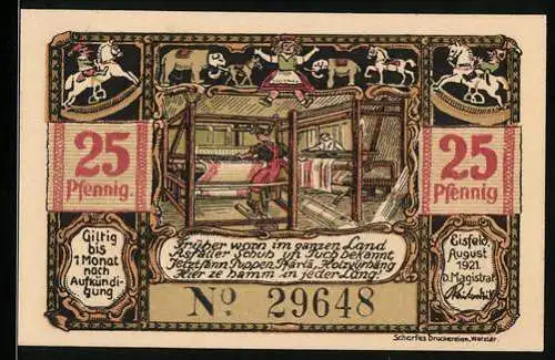 Notgeld Eisfeld 1921, 25 Pfennig, Arbeiter am Webstuhl, Markt mit Brunnne
