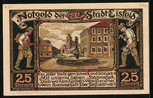 Notgeld Eisfeld 1921, 25 Pfennig, Arbeiter am Webstuhl, Markt mit Brunnne