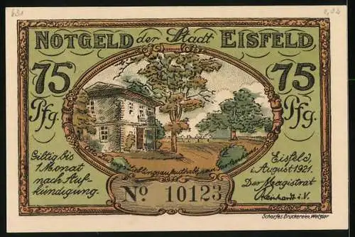 Notgeld Eisfeld 1921, 75 Pfennig, Bildnis Otto Ludwig und sein Lieblingsplatz, das Gartenhaus